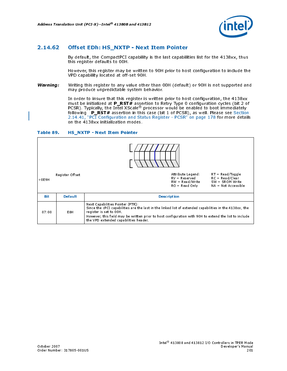 62 offset edh: hs_nxtp - next item pointer, Table 89. hs_nxtp - next item pointer, 62offset edh: hs_nxtp - next item pointer | 89 hs_nxtp - next item pointer, Section 2.14.62, P_rst | Intel CONTROLLERS 413808 User Manual | Page 201 / 824