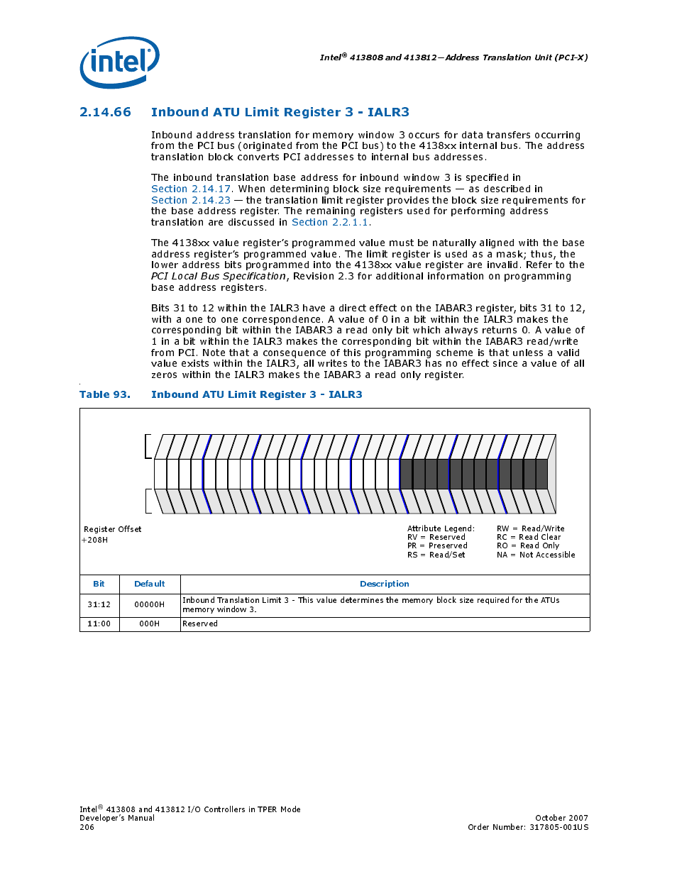 66 inbound atu limit register 3 - ialr3, Table 93. inbound atu limit register 3 - ialr3, 66inbound atu limit register 3 - ialr3 | 93 inbound atu limit register 3 - ialr3, Intel, Bit default description | Intel CONTROLLERS 413808 User Manual | Page 206 / 824
