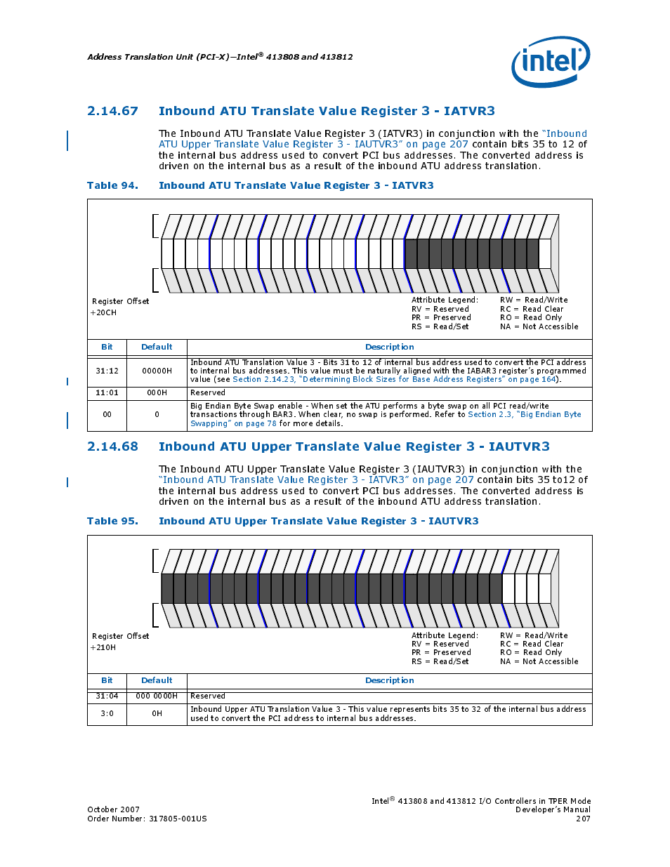 67 inbound atu translate value register 3 - iatvr3, 67inbound atu translate value register 3 - iatvr3, 94 inbound atu translate value register 3 - iatvr3 | Address translation unit (pci-x)—intel, Bit default description, Intel | Intel CONTROLLERS 413808 User Manual | Page 207 / 824