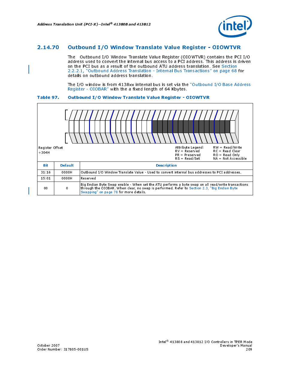 Address translation unit (pci-x)—intel, Bit default description, Intel | Intel CONTROLLERS 413808 User Manual | Page 209 / 824