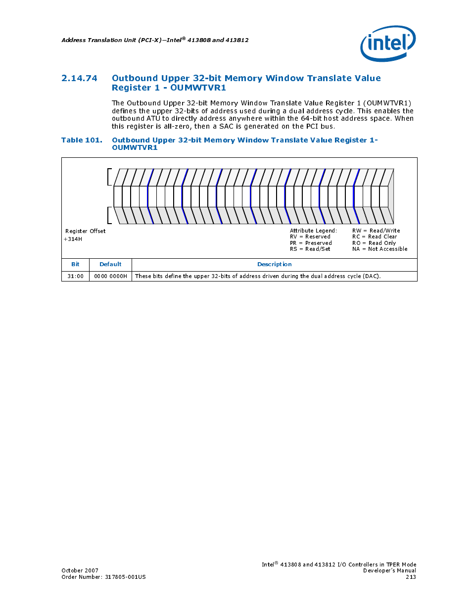 Address translation unit (pci-x)—intel, Bit default description, Intel | Intel CONTROLLERS 413808 User Manual | Page 213 / 824