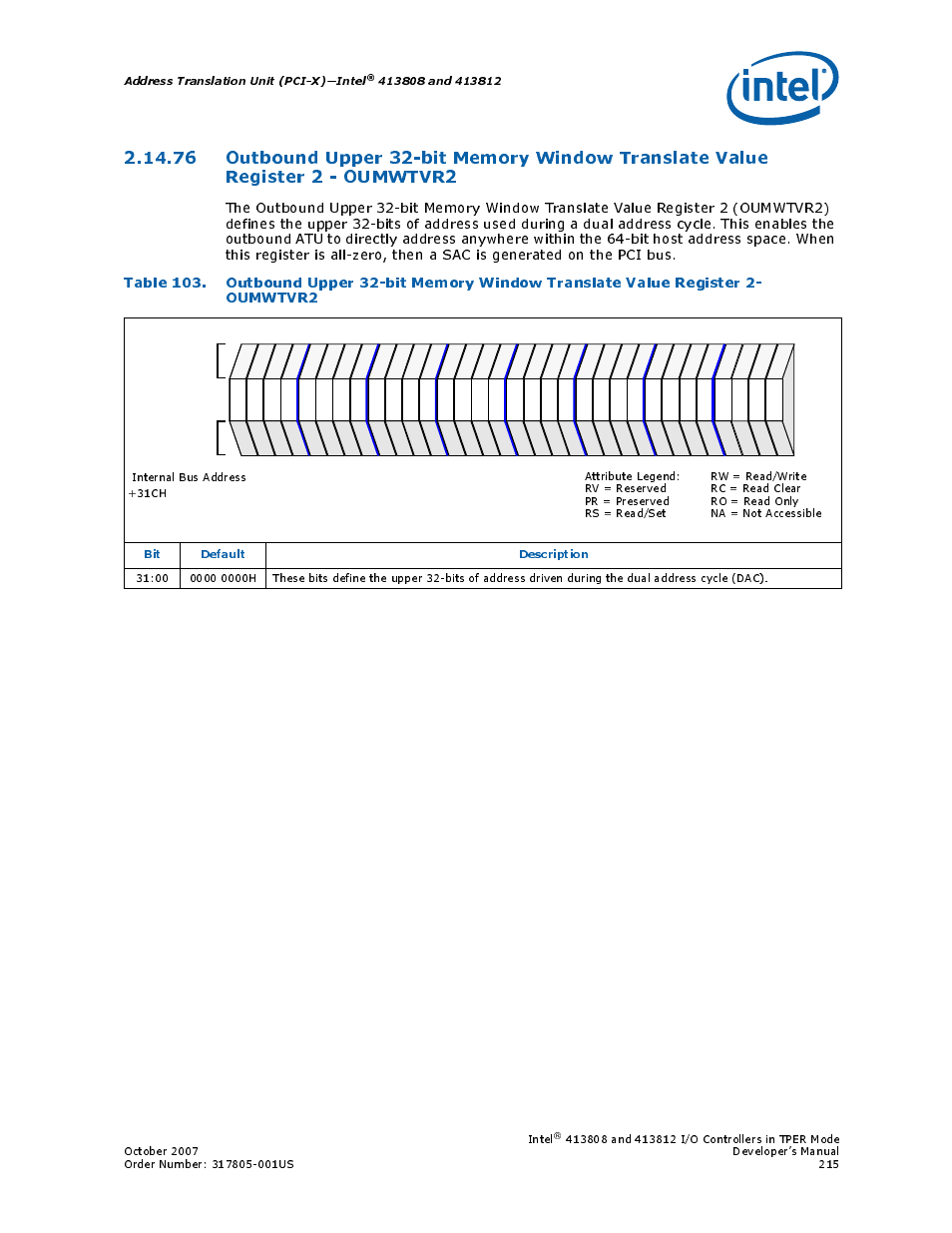 Address translation unit (pci-x)—intel, Bit default description, Intel | Intel CONTROLLERS 413808 User Manual | Page 215 / 824