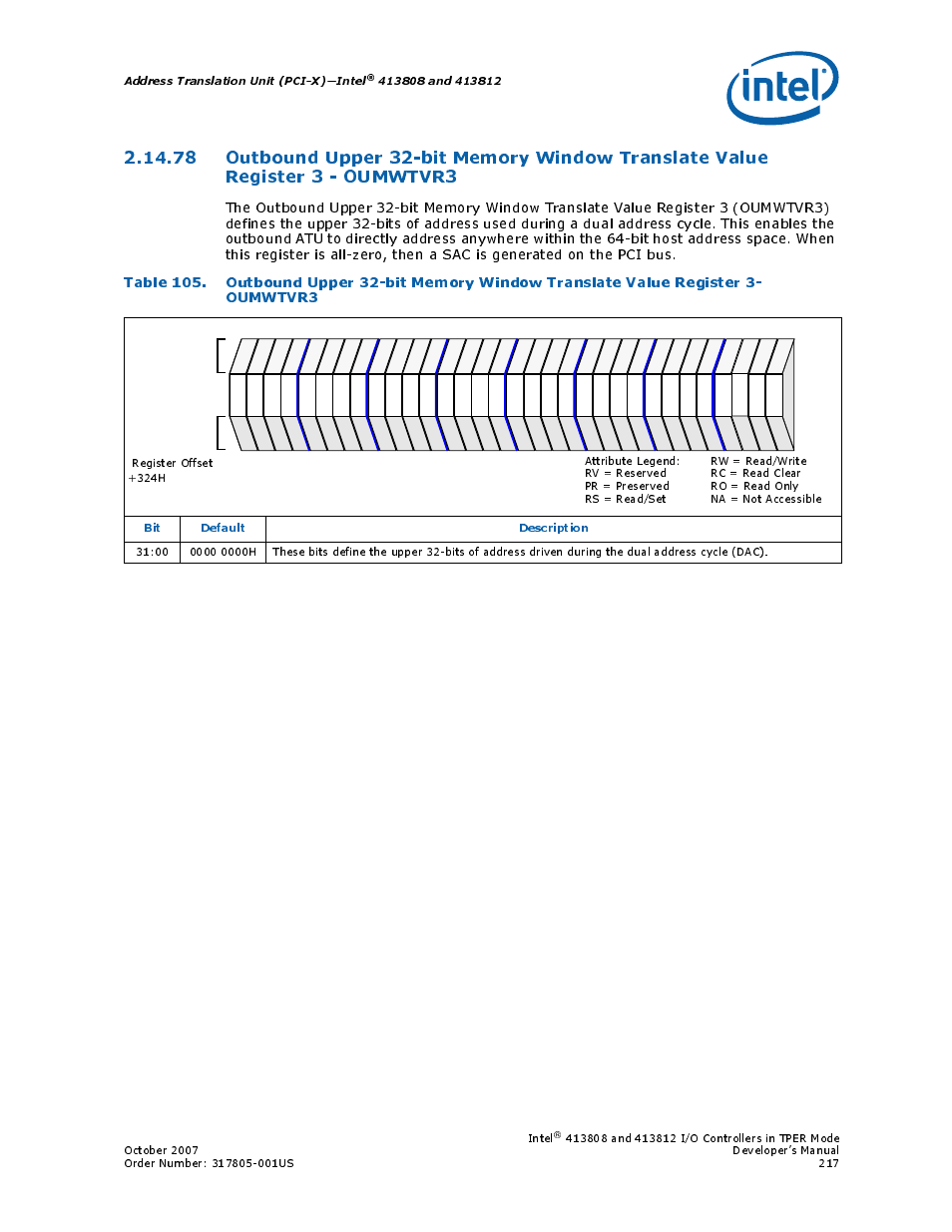 Address translation unit (pci-x)—intel, Bit default description, Intel | Intel CONTROLLERS 413808 User Manual | Page 217 / 824