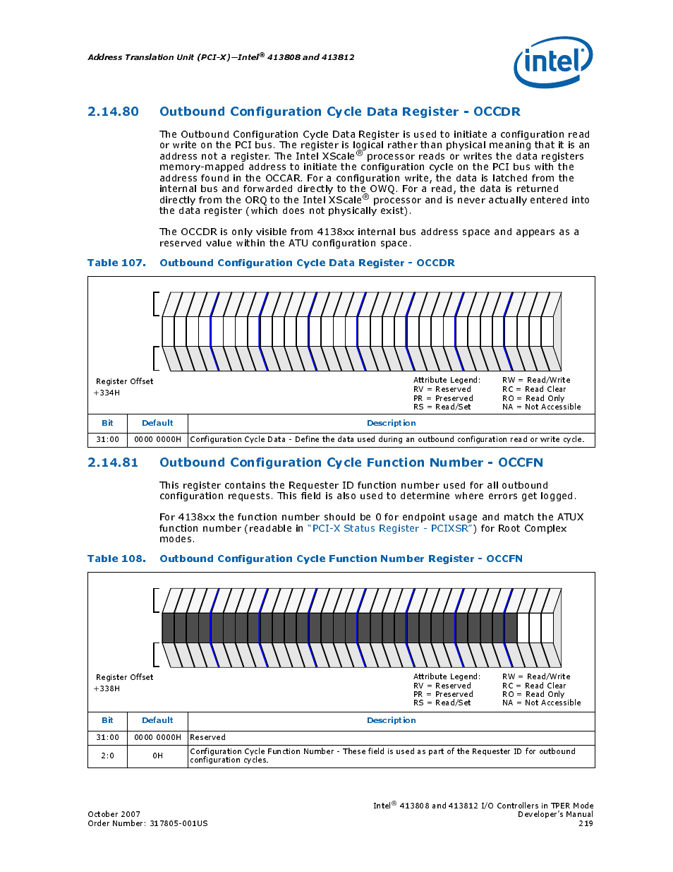 Outbound configuration cycle data, Register - occdr, Address translation unit (pci-x)—intel | Bit default description, Intel | Intel CONTROLLERS 413808 User Manual | Page 219 / 824