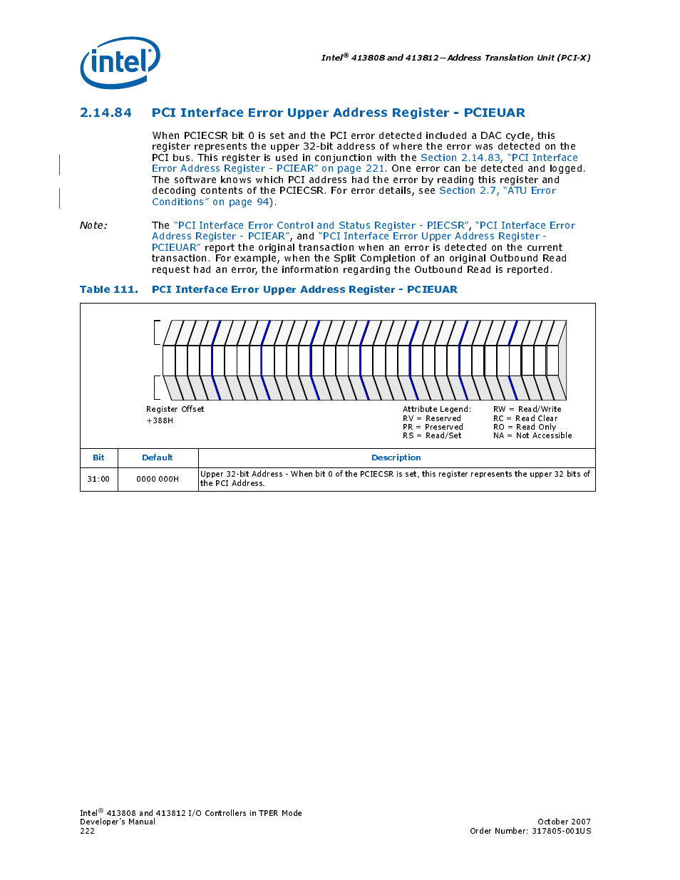 Pci interface error upper address register, Pcieuar, Section 2.14.84, “pci interface error upper | Intel, Bit default description | Intel CONTROLLERS 413808 User Manual | Page 222 / 824