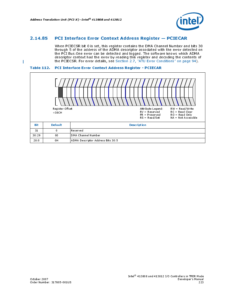 Address translation unit (pci-x)—intel, Bit default description | Intel CONTROLLERS 413808 User Manual | Page 223 / 824