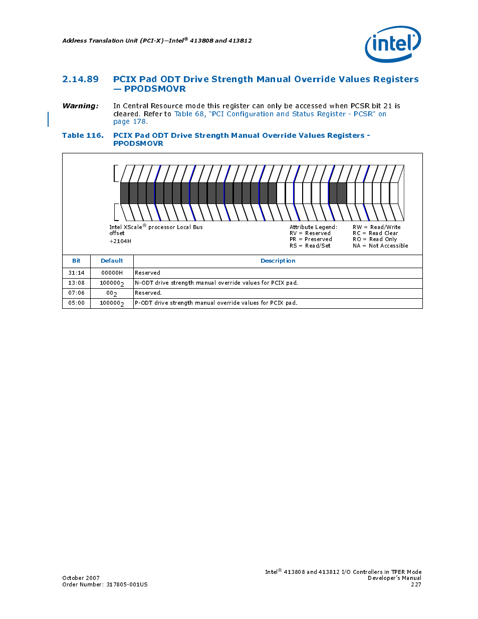 Address translation unit (pci-x)—intel, Bit default description | Intel CONTROLLERS 413808 User Manual | Page 227 / 824