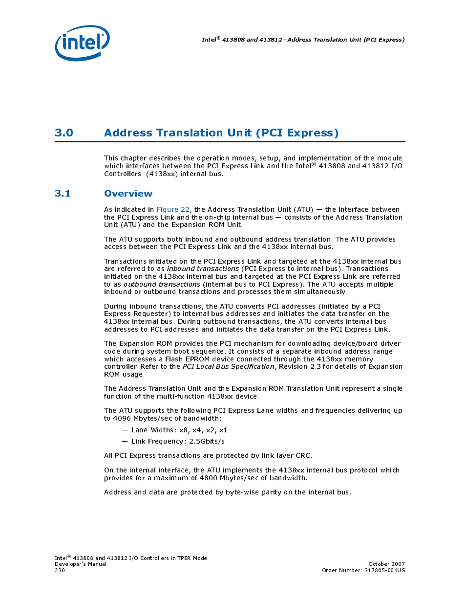 0 address translation unit (pci express), 1 overview | Intel CONTROLLERS 413808 User Manual | Page 230 / 824