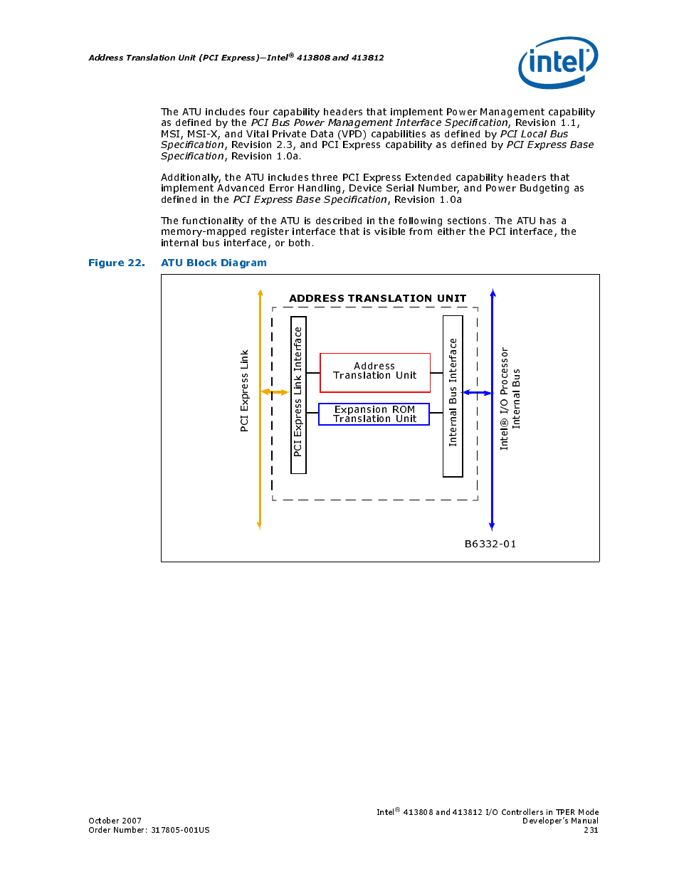 Figure 22. atu block diagram, 22 atu block diagram, Address translation unit (pci express)—intel | Intel CONTROLLERS 413808 User Manual | Page 231 / 824