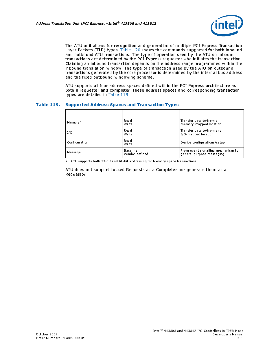 119 supported address spaces and transaction types | Intel CONTROLLERS 413808 User Manual | Page 235 / 824