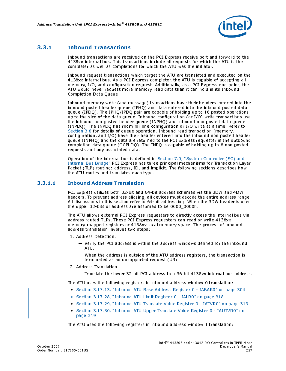 1 inbound transactions, 1 inbound address translation, Section | Intel CONTROLLERS 413808 User Manual | Page 237 / 824