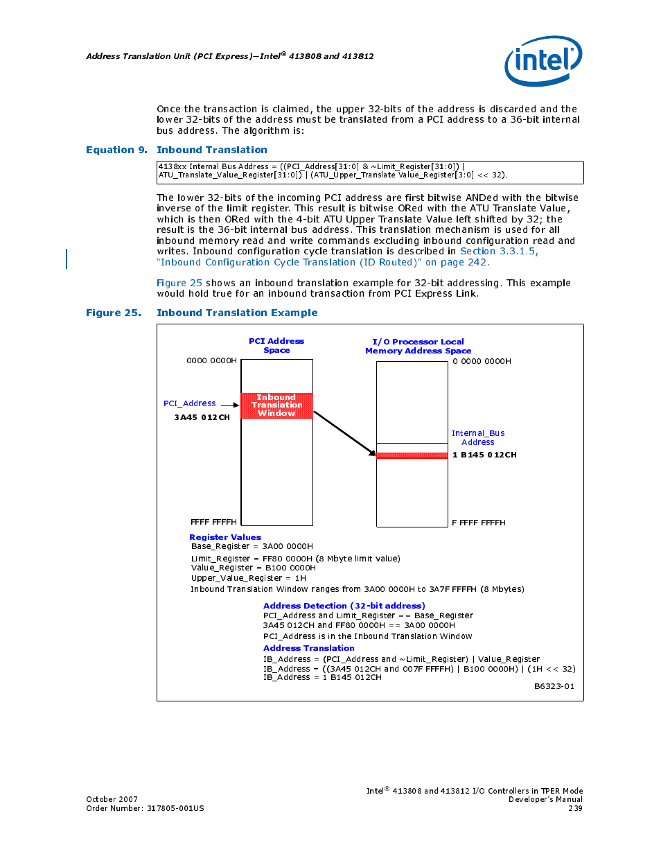 Equation 9. inbound translation, Figure 25. inbound translation example, 25 inbound translation example | Intel CONTROLLERS 413808 User Manual | Page 239 / 824