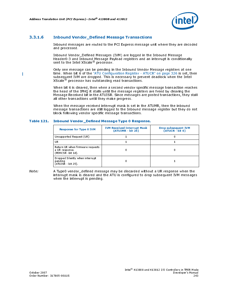 6 inbound vendor_defined message transactions, 121 inbound vendor_defined message type 0 response | Intel CONTROLLERS 413808 User Manual | Page 243 / 824