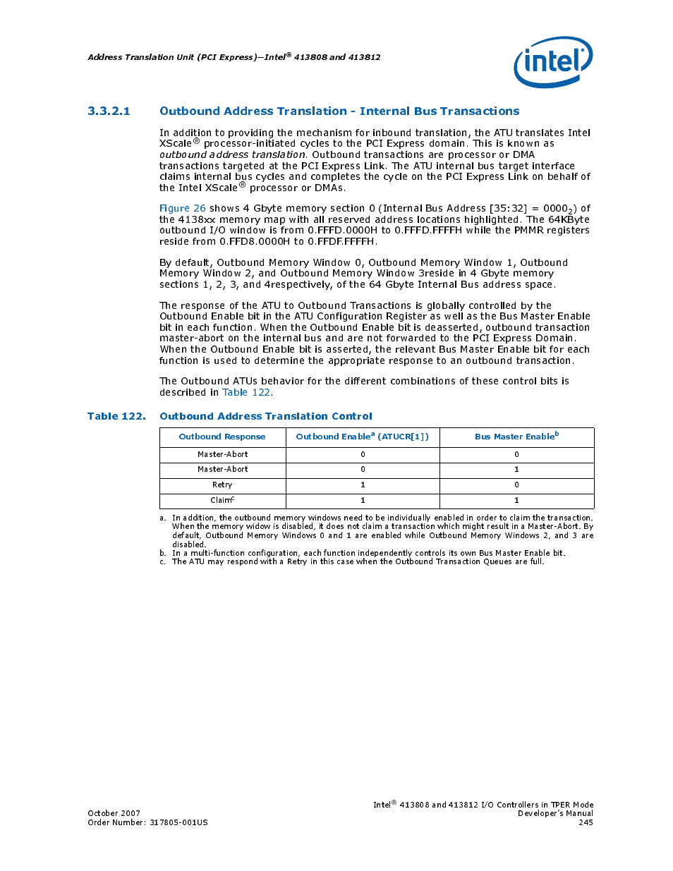 Table 122. outbound address translation control, 122 outbound address translation control | Intel CONTROLLERS 413808 User Manual | Page 245 / 824