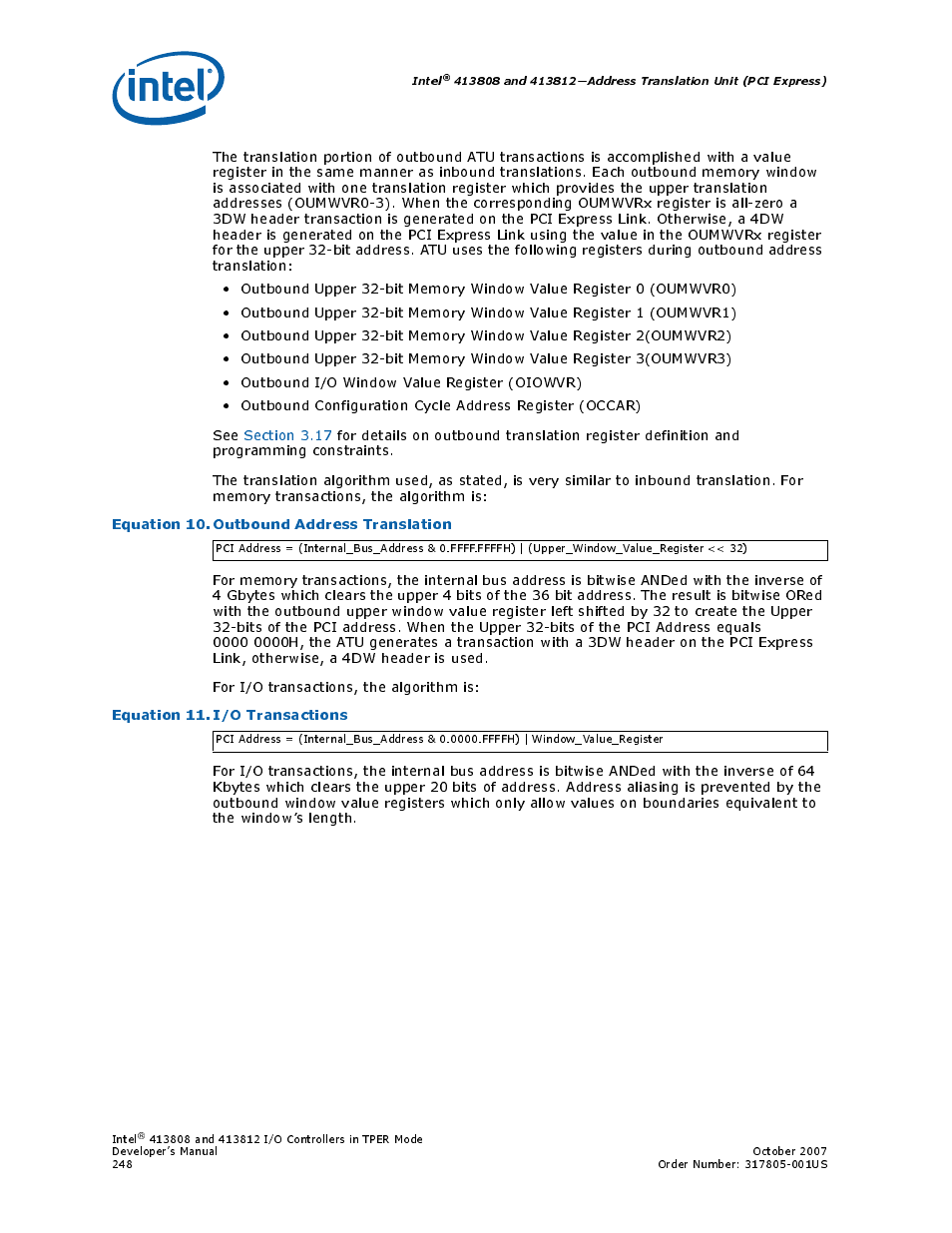 Equation 10. outbound address translation, Equation 11. i/o transactions, Equation 10.outbound address translation | Equation 11.i/o transactions | Intel CONTROLLERS 413808 User Manual | Page 248 / 824