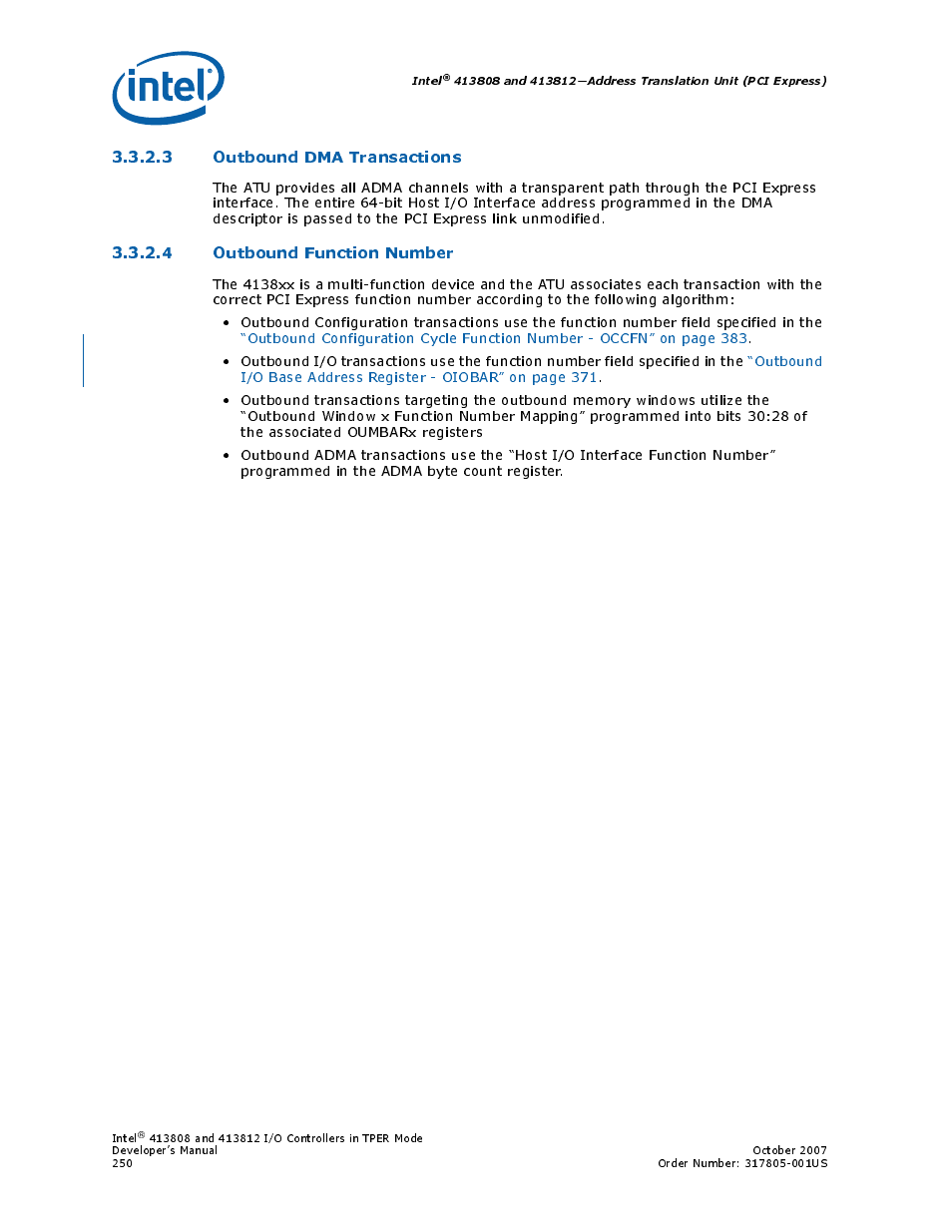 3 outbound dma transactions, 4 outbound function number | Intel CONTROLLERS 413808 User Manual | Page 250 / 824