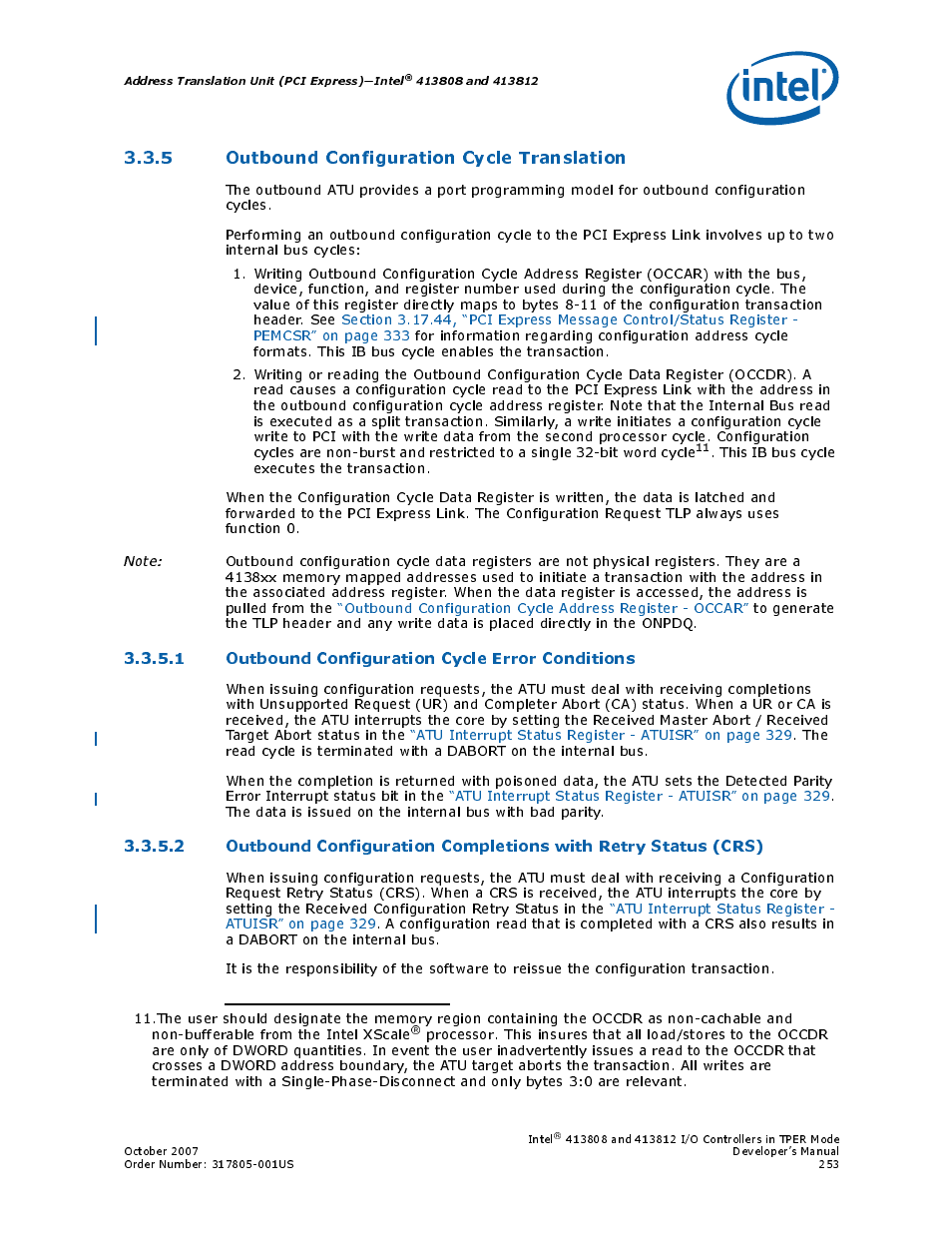 5 outbound configuration cycle translation, 1 outbound configuration cycle error conditions | Intel CONTROLLERS 413808 User Manual | Page 253 / 824