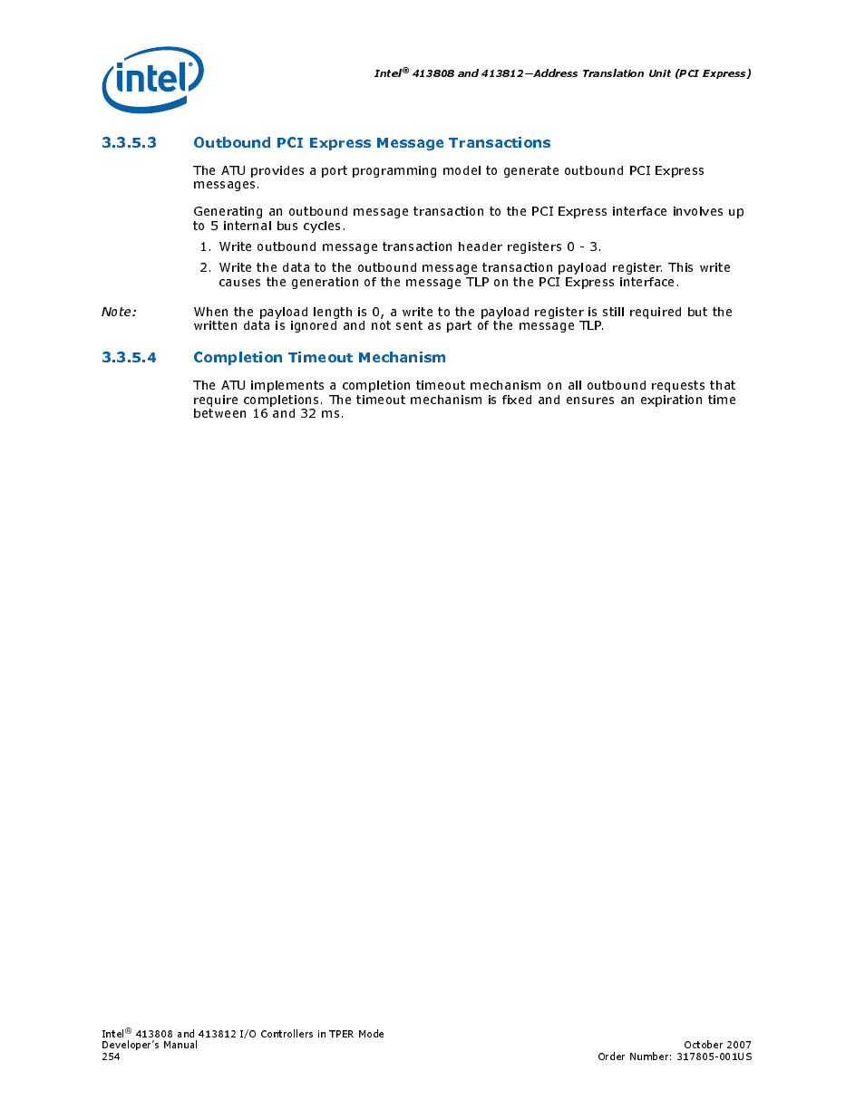 3 outbound pci express message transactions, 4 completion timeout mechanism | Intel CONTROLLERS 413808 User Manual | Page 254 / 824