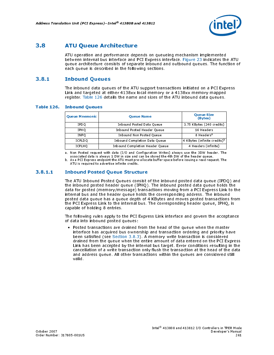 8 atu queue architecture, 1 inbound queues, Table 126. inbound queues | 1 inbound posted queue structure, 126 inbound queues, Section 3.8 | Intel CONTROLLERS 413808 User Manual | Page 261 / 824