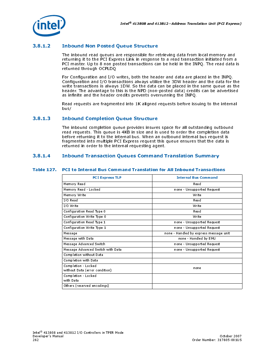 2 inbound non posted queue structure, 3 inbound completion queue structure | Intel CONTROLLERS 413808 User Manual | Page 262 / 824