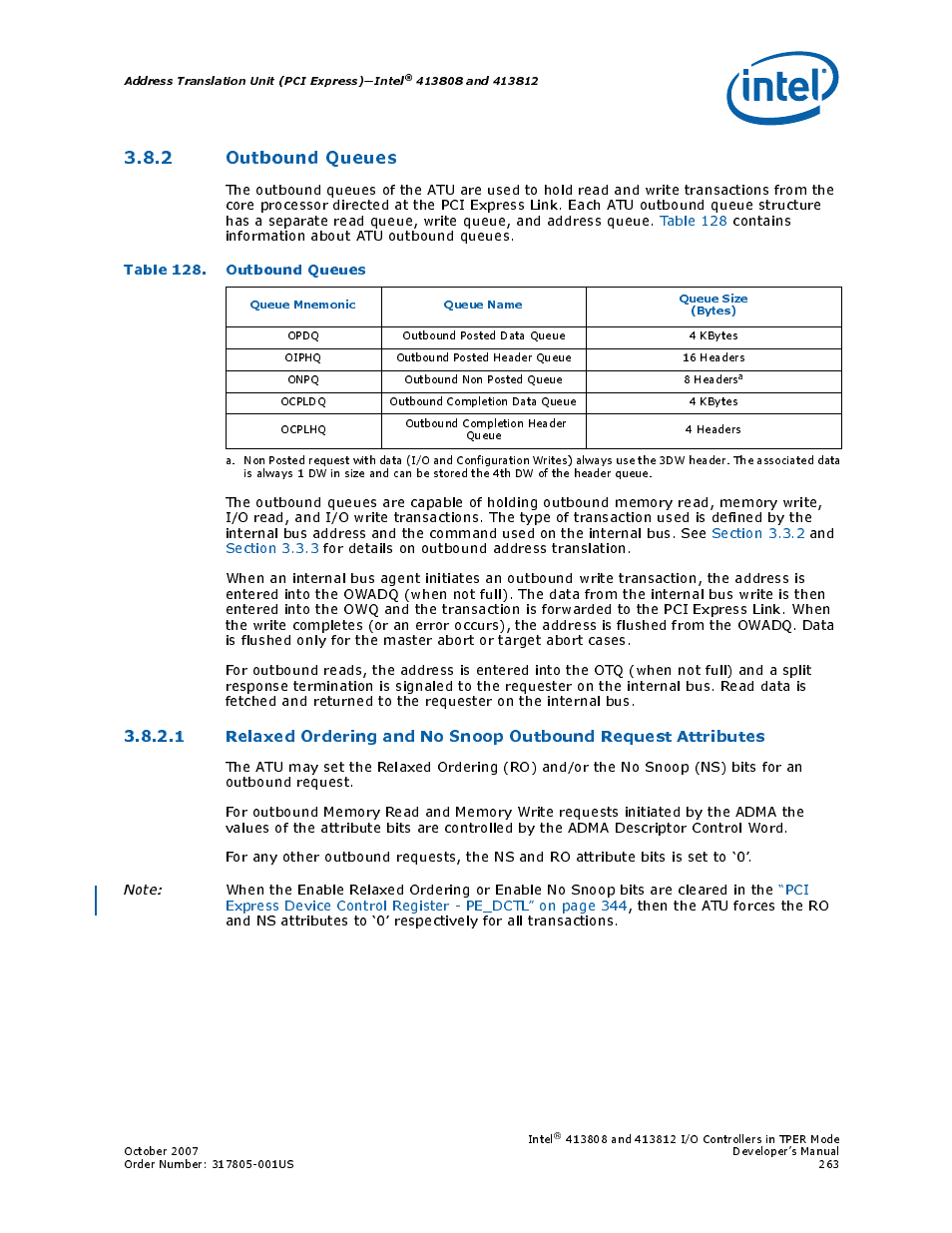 2 outbound queues, Table 128. outbound queues, 128 outbound queues | Section 3.8.2 | Intel CONTROLLERS 413808 User Manual | Page 263 / 824