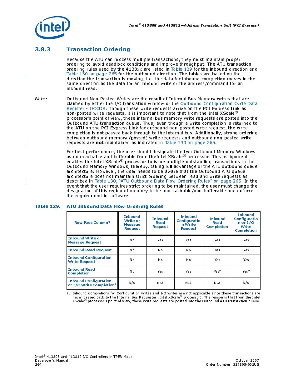 3 transaction ordering, Table 129. atu inbound data flow ordering rules, 129 atu inbound data flow ordering rules | Section 3.8.3 | Intel CONTROLLERS 413808 User Manual | Page 264 / 824