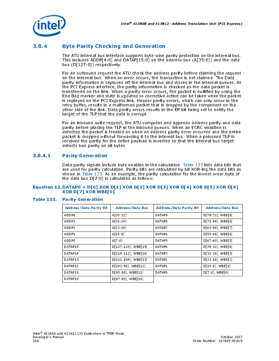 4 byte parity checking and generation, 1 parity generation, Table 133. parity generation | 133 parity generation | Intel CONTROLLERS 413808 User Manual | Page 268 / 824