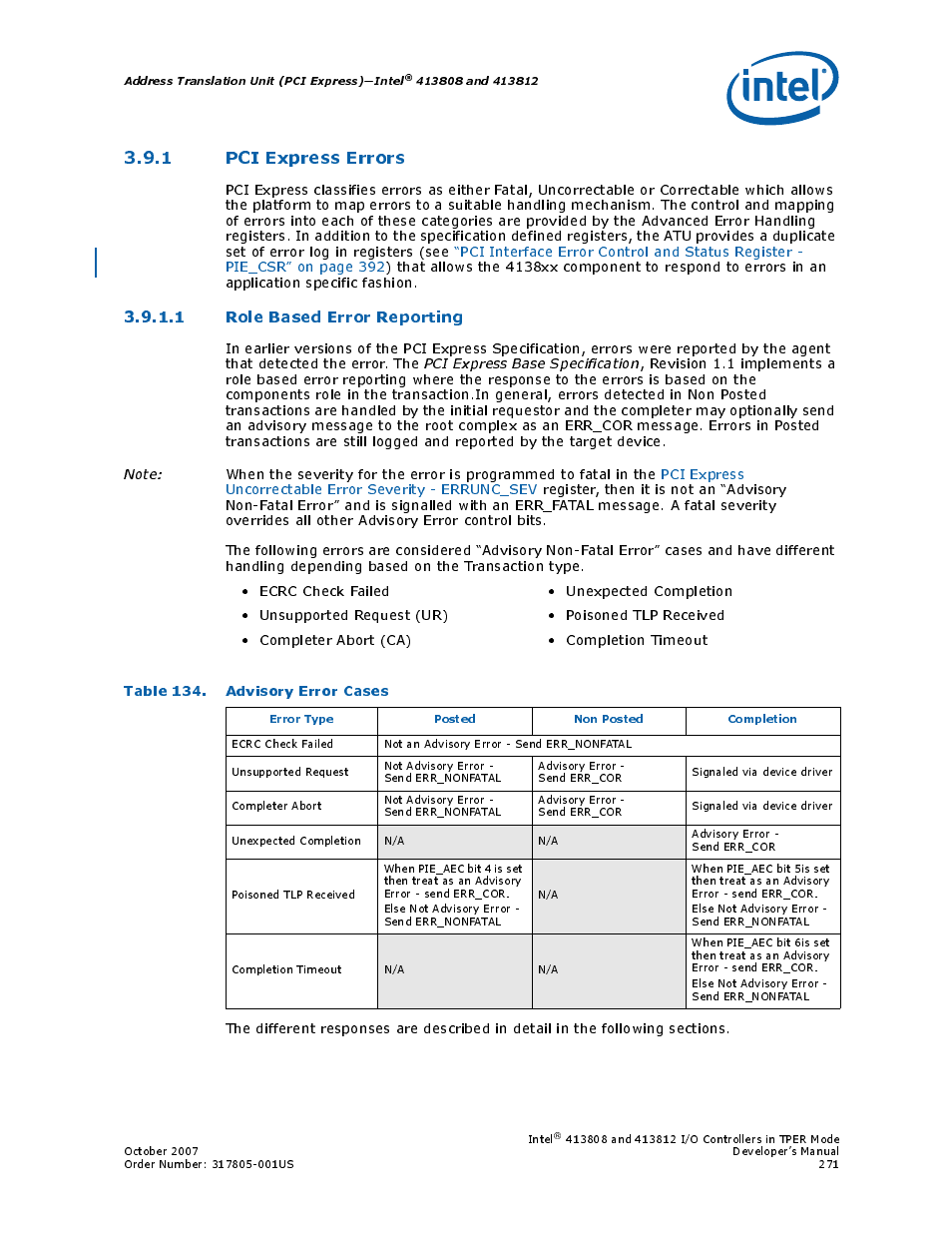 1 pci express errors, 1 role based error reporting, Table 134. advisory error cases | 134 advisory error cases | Intel CONTROLLERS 413808 User Manual | Page 271 / 824