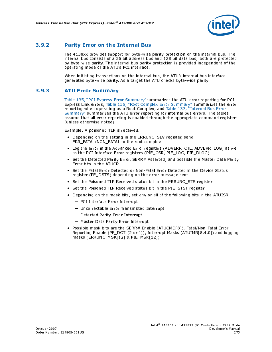 2 parity error on the internal bus, 3 atu error summary | Intel CONTROLLERS 413808 User Manual | Page 275 / 824