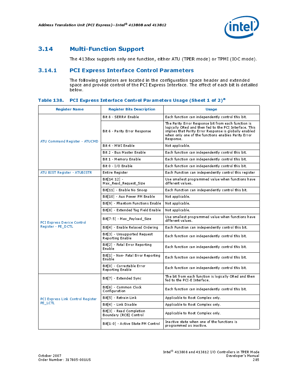 14 multi-function support, 1 pci express interface control parameters, 138 pci express interface control parameters usage | Intel CONTROLLERS 413808 User Manual | Page 285 / 824
