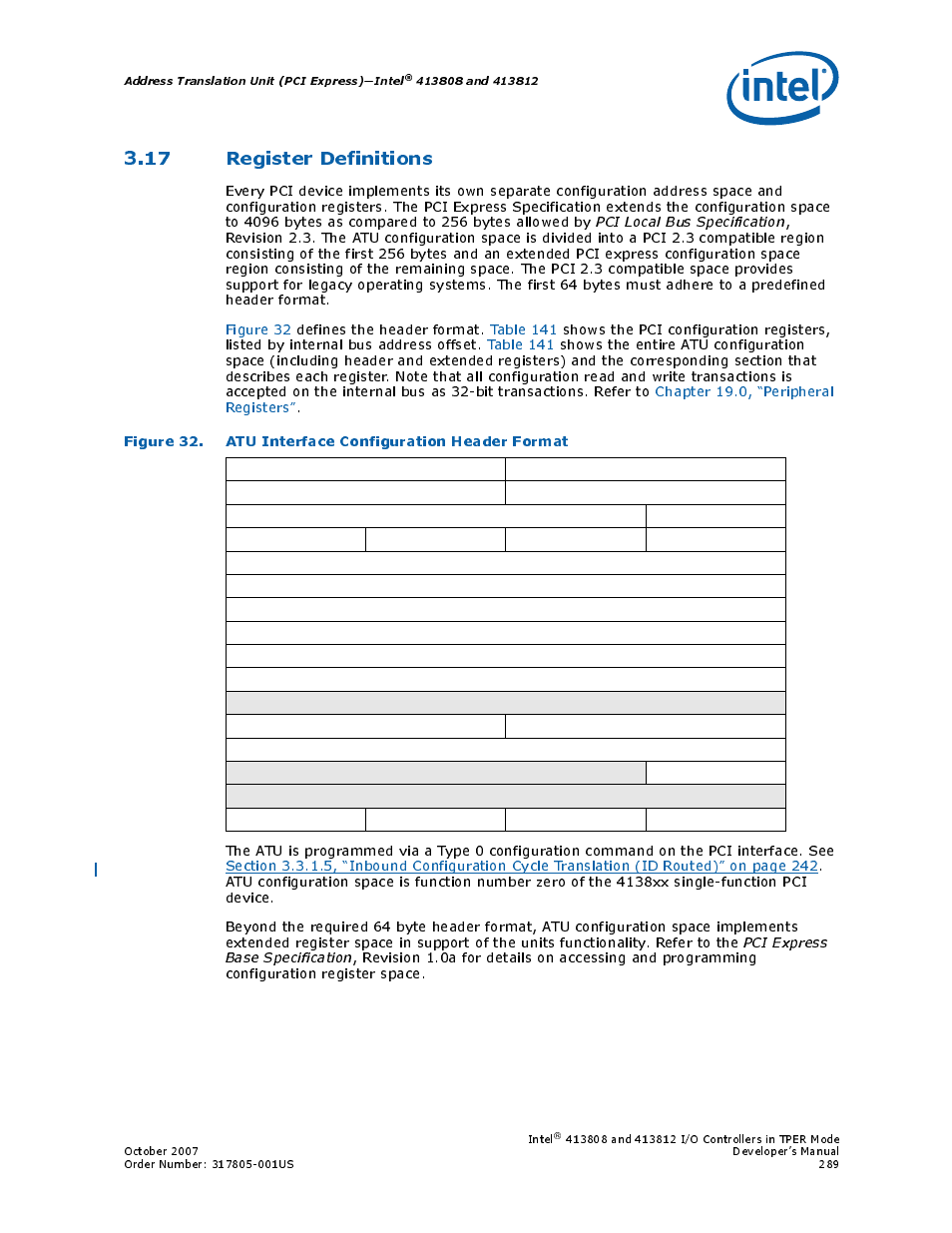 17 register definitions, 32 atu interface configuration header format | Intel CONTROLLERS 413808 User Manual | Page 289 / 824