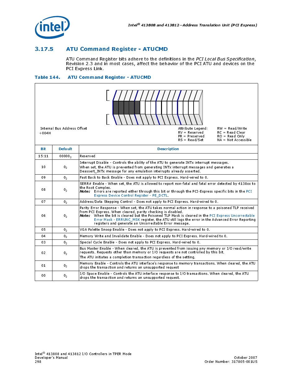 5 atu command register - atucmd, Table 144. atu command register - atucmd, 144 atu command register - atucmd | Section 3.17.5, “atu command register - atucmd” on, Atu command register - atucmd, Intel, Bit default description | Intel CONTROLLERS 413808 User Manual | Page 298 / 824