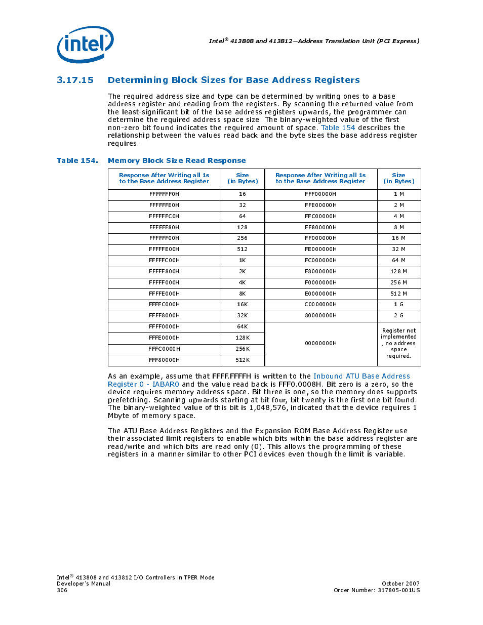 Table 154. memory block size read response, 154 memory block size read response | Intel CONTROLLERS 413808 User Manual | Page 306 / 824