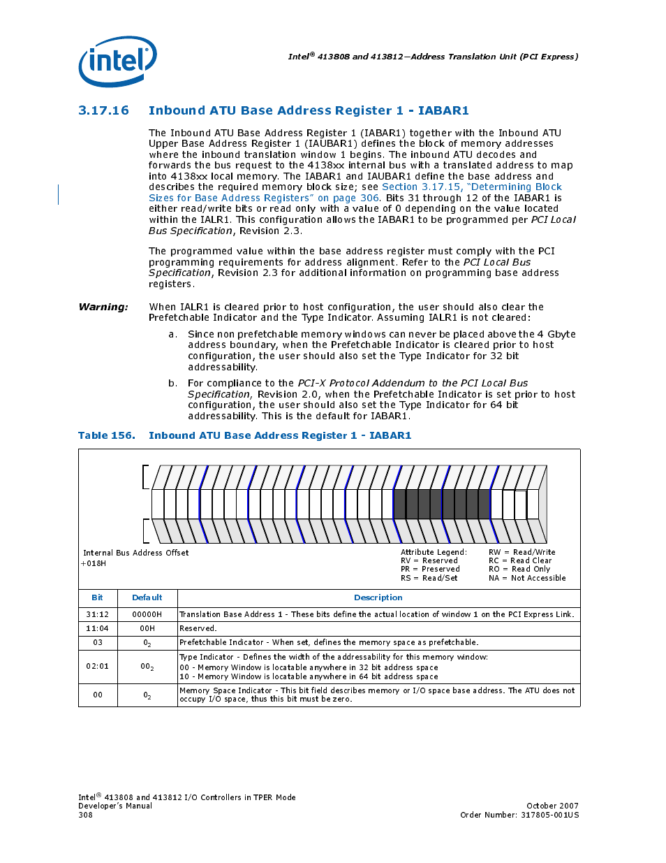 16 inbound atu base address register 1 - iabar1, 16inbound atu base address register 1 - iabar1, 156 inbound atu base address register 1 - iabar1 | Intel, Bit default description | Intel CONTROLLERS 413808 User Manual | Page 308 / 824