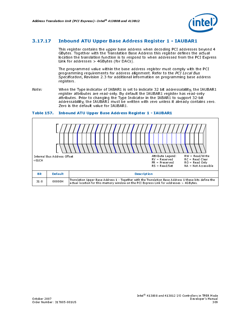 Address translation unit (pci express)—intel, Bit default description, Intel | Intel CONTROLLERS 413808 User Manual | Page 309 / 824