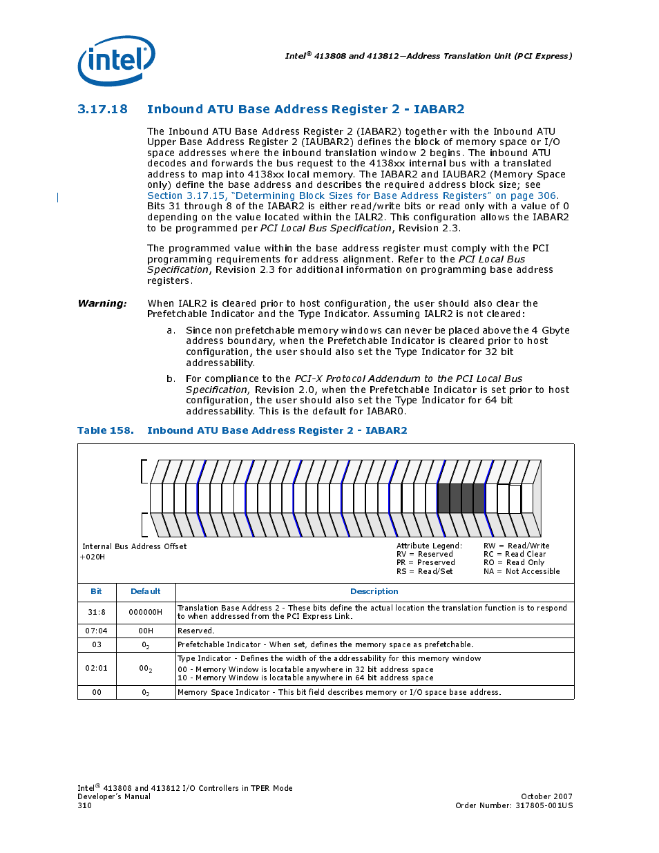 18 inbound atu base address register 2 - iabar2, 18inbound atu base address register 2 - iabar2, 158 inbound atu base address register 2 - iabar2 | Inbound atu, Intel, Bit default description | Intel CONTROLLERS 413808 User Manual | Page 310 / 824