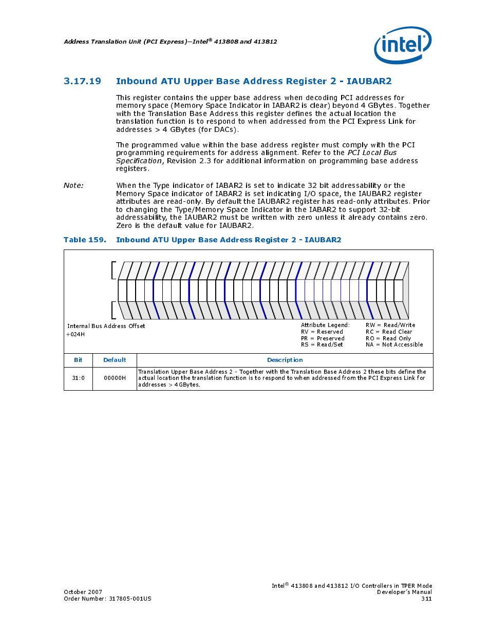 Address translation unit (pci express)—intel, Bit default description, Intel | Intel CONTROLLERS 413808 User Manual | Page 311 / 824