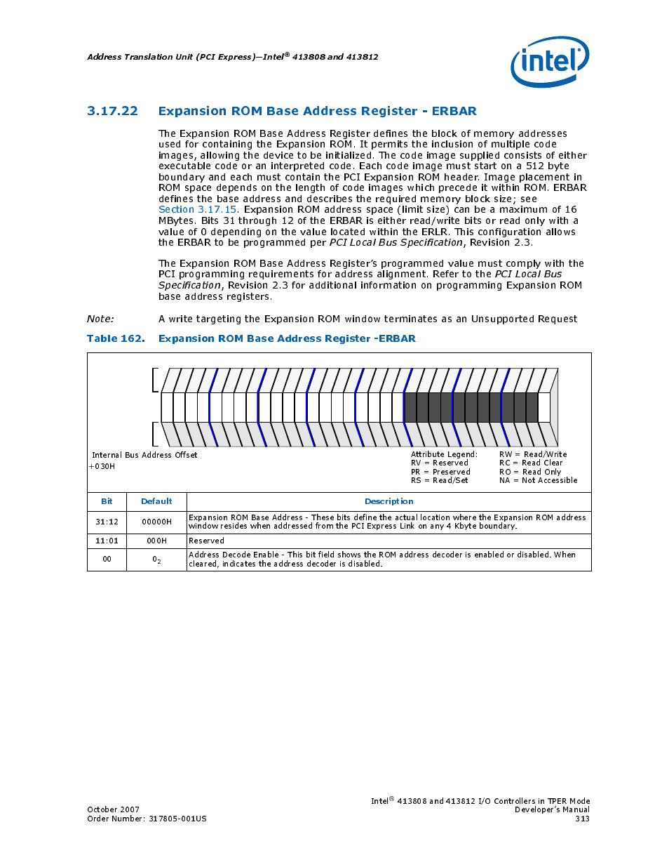 22 expansion rom base address register - erbar, 22expansion rom base address register - erbar, 162 expansion rom base address register -erbar | Section 3.17.22, Address translation unit (pci express)—intel, Bit default description | Intel CONTROLLERS 413808 User Manual | Page 313 / 824