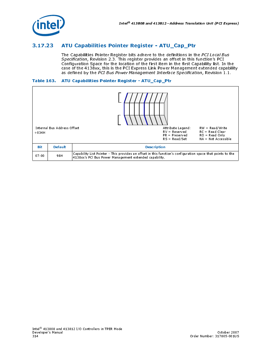 23 atu capabilities pointer register - atu_cap_ptr, 23atu capabilities pointer register - atu_cap_ptr, Section 3.17.23 | Intel, Bit default description | Intel CONTROLLERS 413808 User Manual | Page 314 / 824