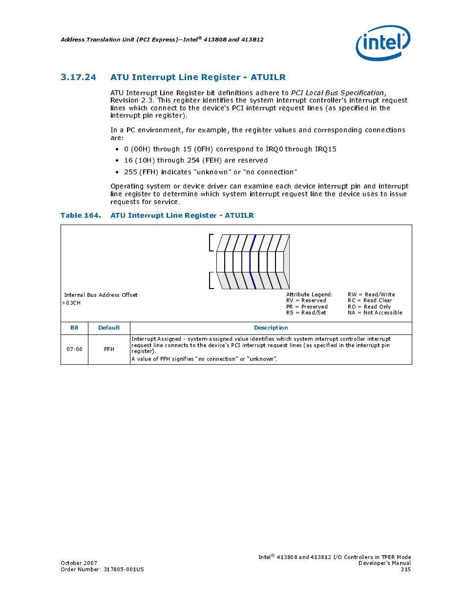 24 atu interrupt line register - atuilr, Table 164. atu interrupt line register - atuilr, 24atu interrupt line register - atuilr | 164 atu interrupt line register - atuilr | Intel CONTROLLERS 413808 User Manual | Page 315 / 824