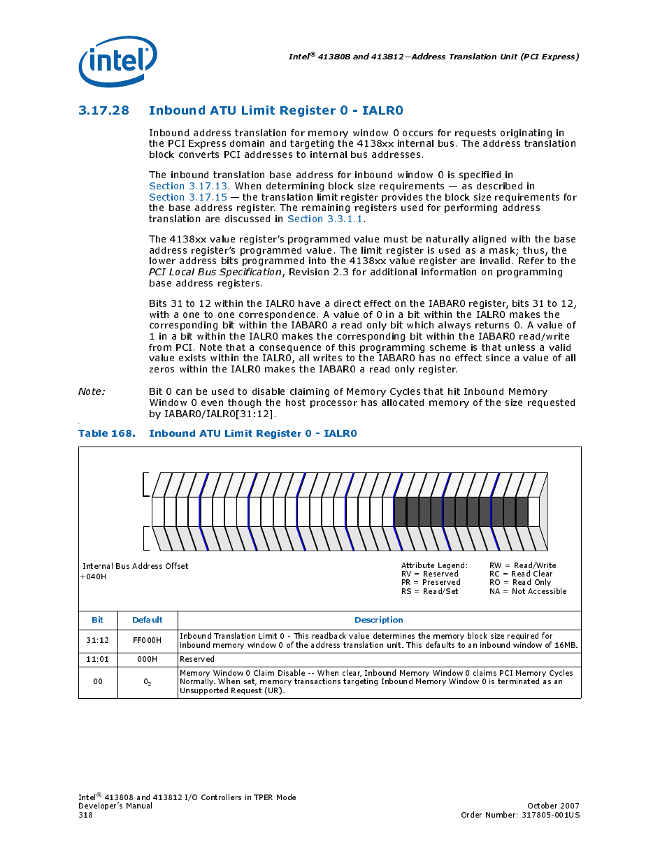 28 inbound atu limit register 0 - ialr0, Table 168. inbound atu limit register 0 - ialr0, 28inbound atu limit register 0 - ialr0 | 168 inbound atu limit register 0 - ialr0, Intel, Bit default description | Intel CONTROLLERS 413808 User Manual | Page 318 / 824