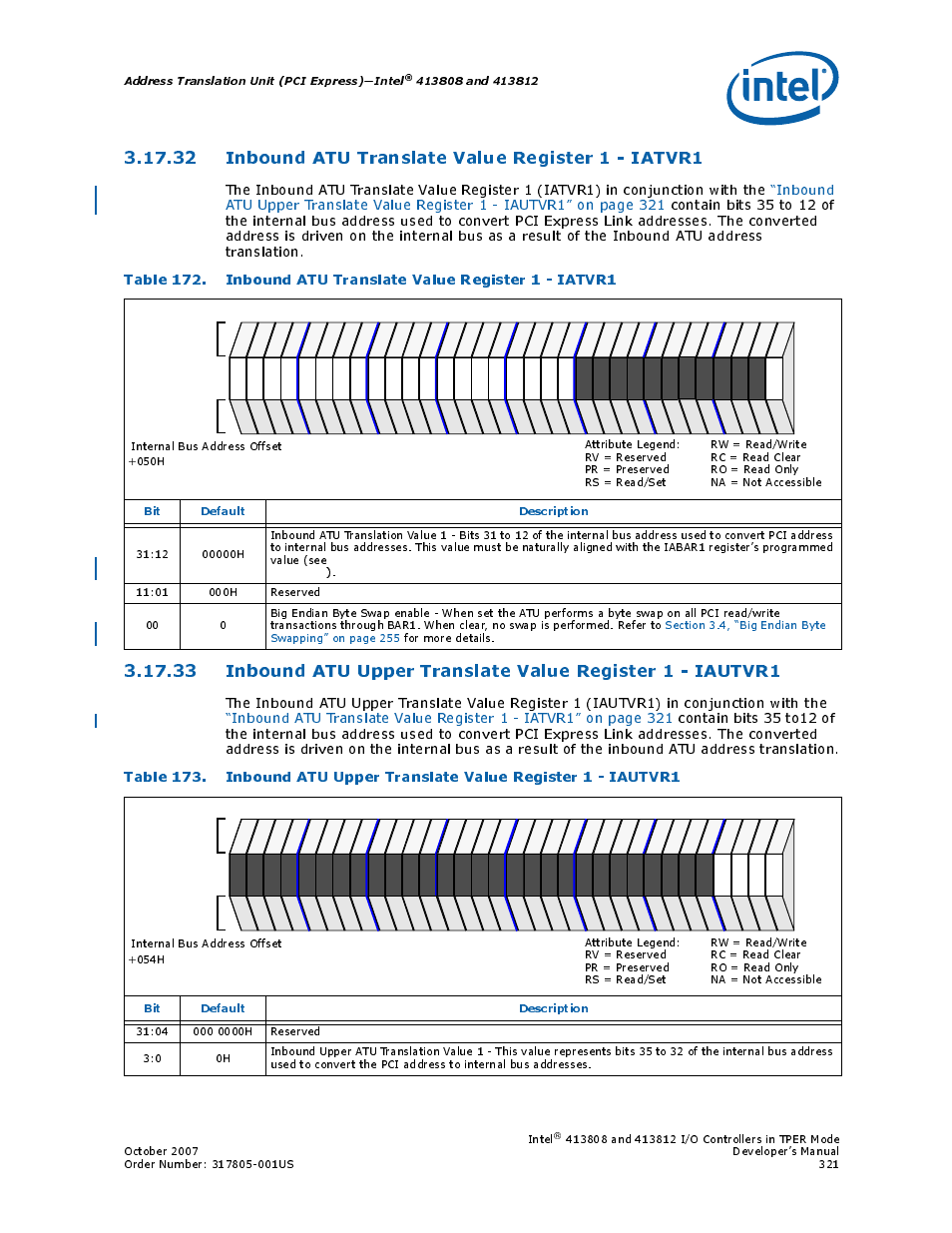 32 inbound atu translate value register 1 - iatvr1, 32inbound atu translate value register 1 - iatvr1, Address translation unit (pci express)—intel | Bit default description, Intel | Intel CONTROLLERS 413808 User Manual | Page 321 / 824