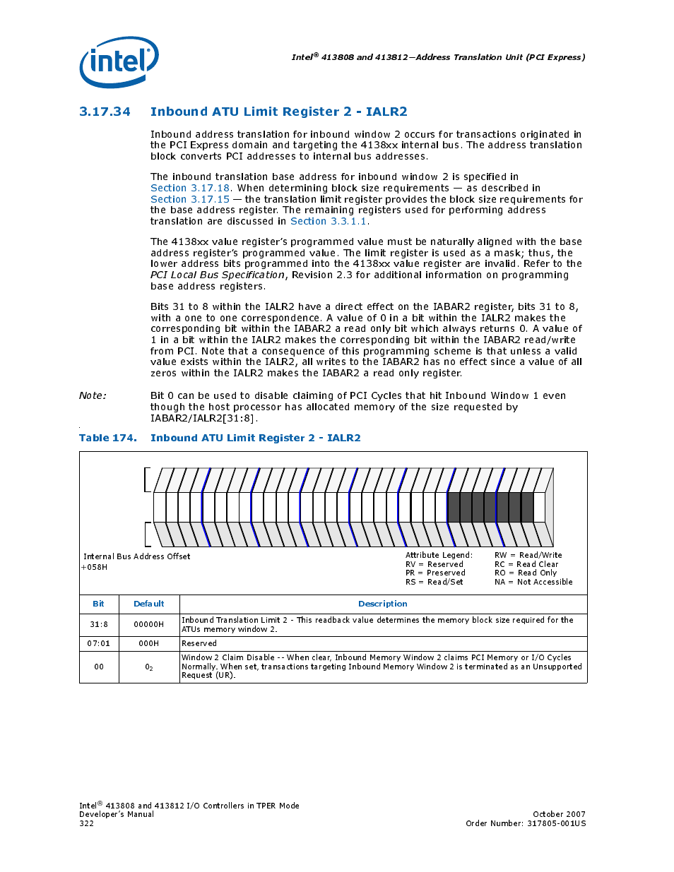 34 inbound atu limit register 2 - ialr2, Table 174. inbound atu limit register 2 - ialr2, 34inbound atu limit register 2 - ialr2 | 174 inbound atu limit register 2 - ialr2, Intel, Bit default description | Intel CONTROLLERS 413808 User Manual | Page 322 / 824