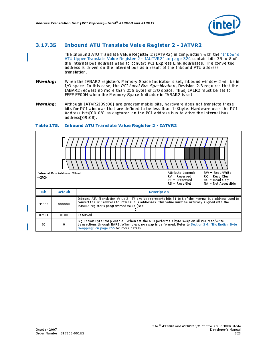 35 inbound atu translate value register 2 - iatvr2, 35inbound atu translate value register 2 - iatvr2, Address translation unit (pci express)—intel | Bit default description | Intel CONTROLLERS 413808 User Manual | Page 323 / 824