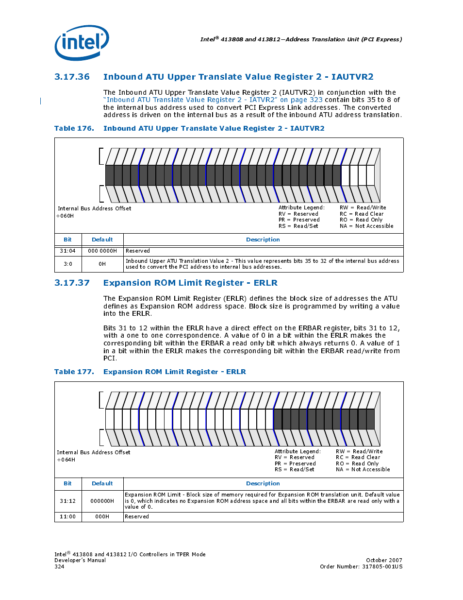 37 expansion rom limit register - erlr, Table 177. expansion rom limit register - erlr, 37expansion rom limit register - erlr | 177 expansion rom limit register - erlr, Inbound, Intel, Bit default description | Intel CONTROLLERS 413808 User Manual | Page 324 / 824