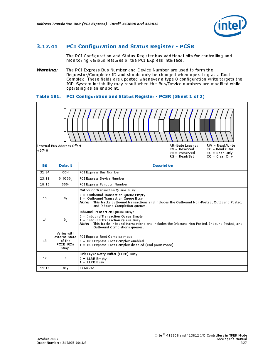 41 pci configuration and status register - pcsr, 41pci configuration and status register - pcsr, 181 pci configuration and status register - pcsr | Pci configuration and status register, Address translation unit (pci express)—intel, Bit default description, Pcie_rc | Intel CONTROLLERS 413808 User Manual | Page 327 / 824