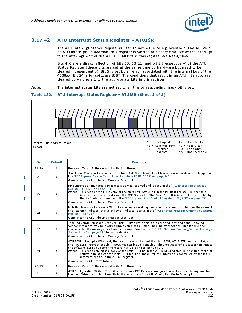 42 atu interrupt status register - atuisr, 42atu interrupt status register - atuisr, 182 atu interrupt status register - atuisr | Atu interrupt status register, Address translation unit (pci express)—intel, Bit default description | Intel CONTROLLERS 413808 User Manual | Page 329 / 824