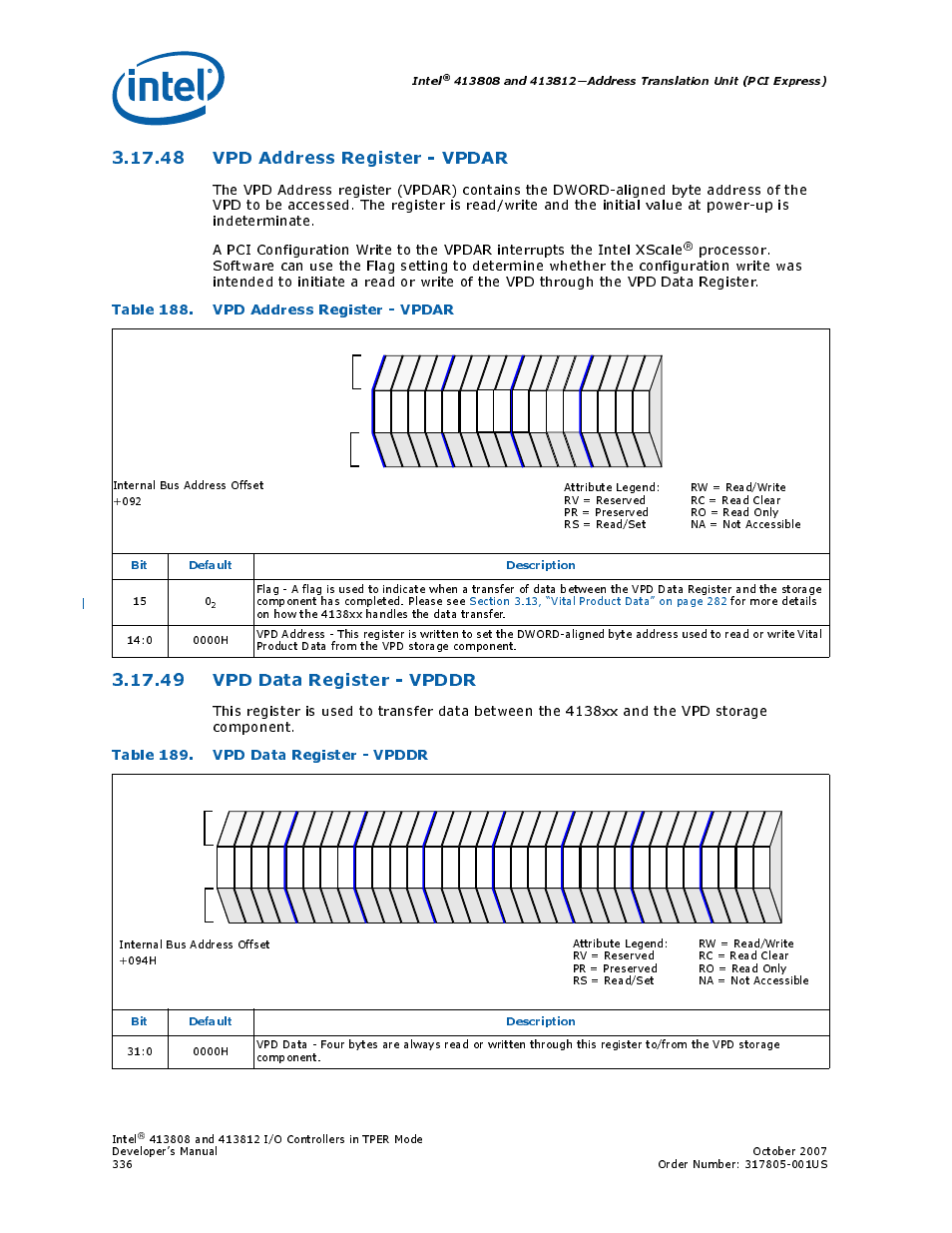 48 vpd address register - vpdar, Table 188. vpd address register - vpdar, 49 vpd data register - vpddr | Table 189. vpd data register - vpddr, 48vpd address register - vpdar, 49vpd data register - vpddr, 188 vpd address register - vpdar, 189 vpd data register - vpddr, Vpd address register, Intel | Intel CONTROLLERS 413808 User Manual | Page 336 / 824