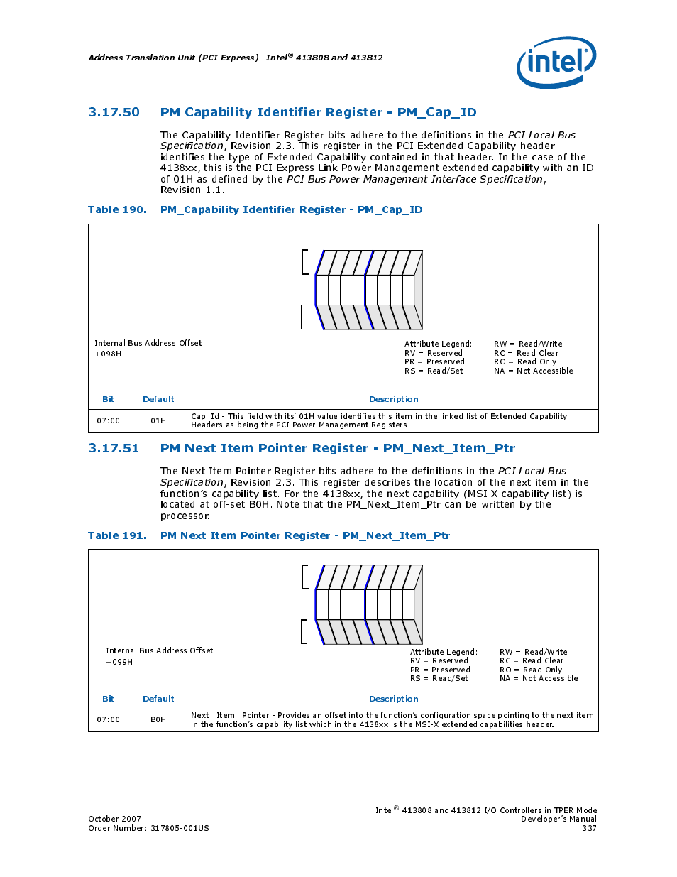 50 pm capability identifier register - pm_cap_id, 50pm capability identifier register - pm_cap_id, 51pm next item pointer register - pm_next_item_ptr | 190 pm_capability identifier register - pm_cap_id, Address translation unit (pci express)—intel, Bit default description | Intel CONTROLLERS 413808 User Manual | Page 337 / 824