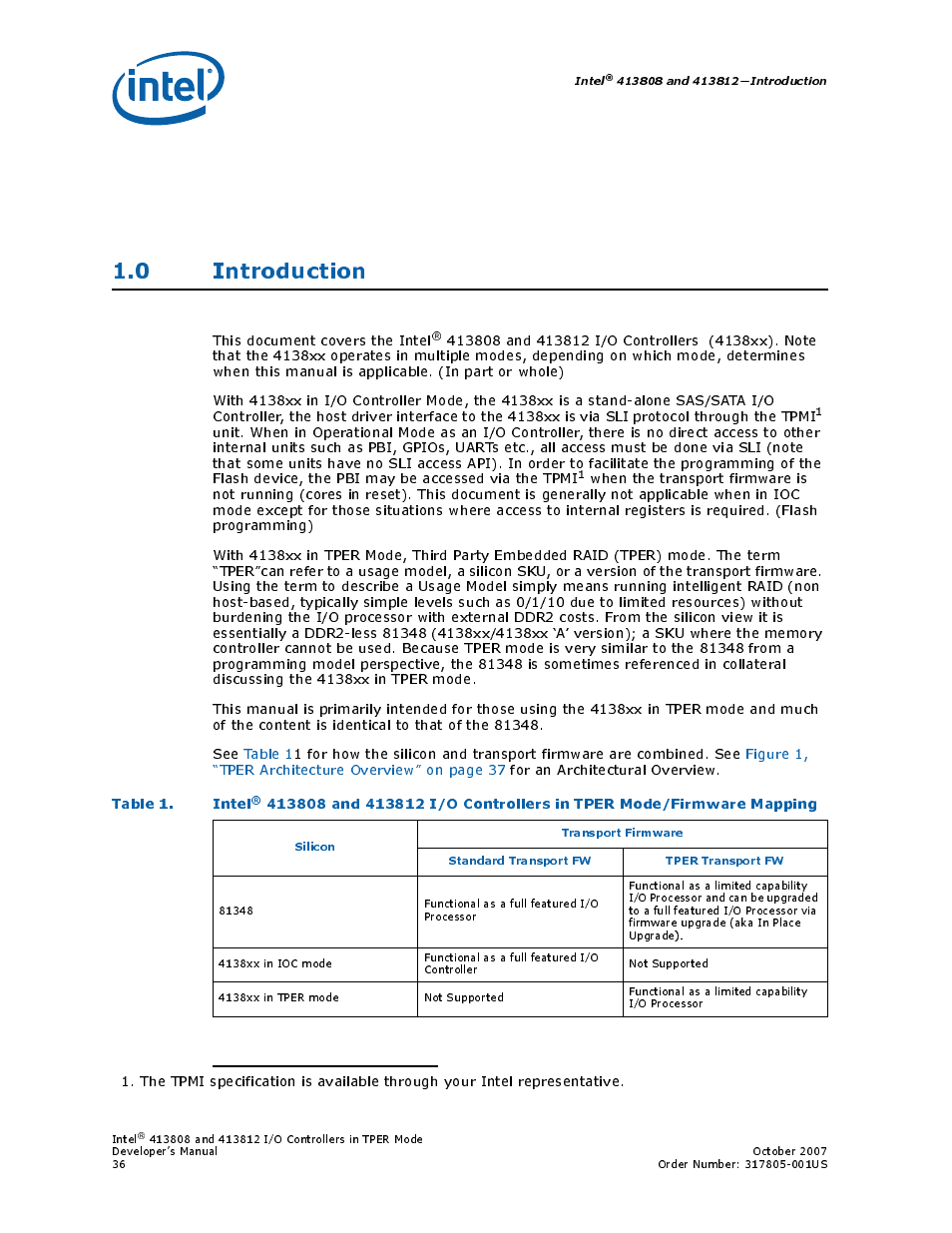 0 introduction, 1 intel, Table 1. intel | Intel CONTROLLERS 413808 User Manual | Page 36 / 824